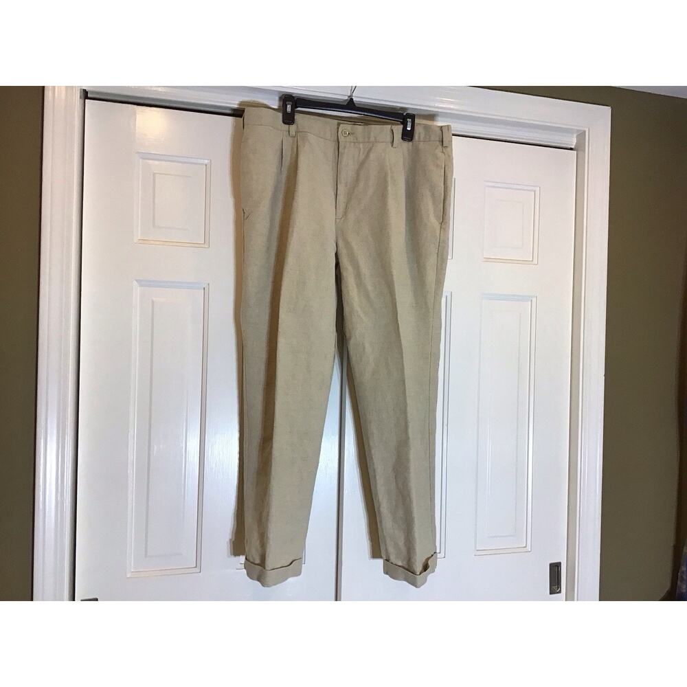 Dockers Linen Cotton Pleated Cuffed Men’s Pants Beige W40 L30 Comfort Beach